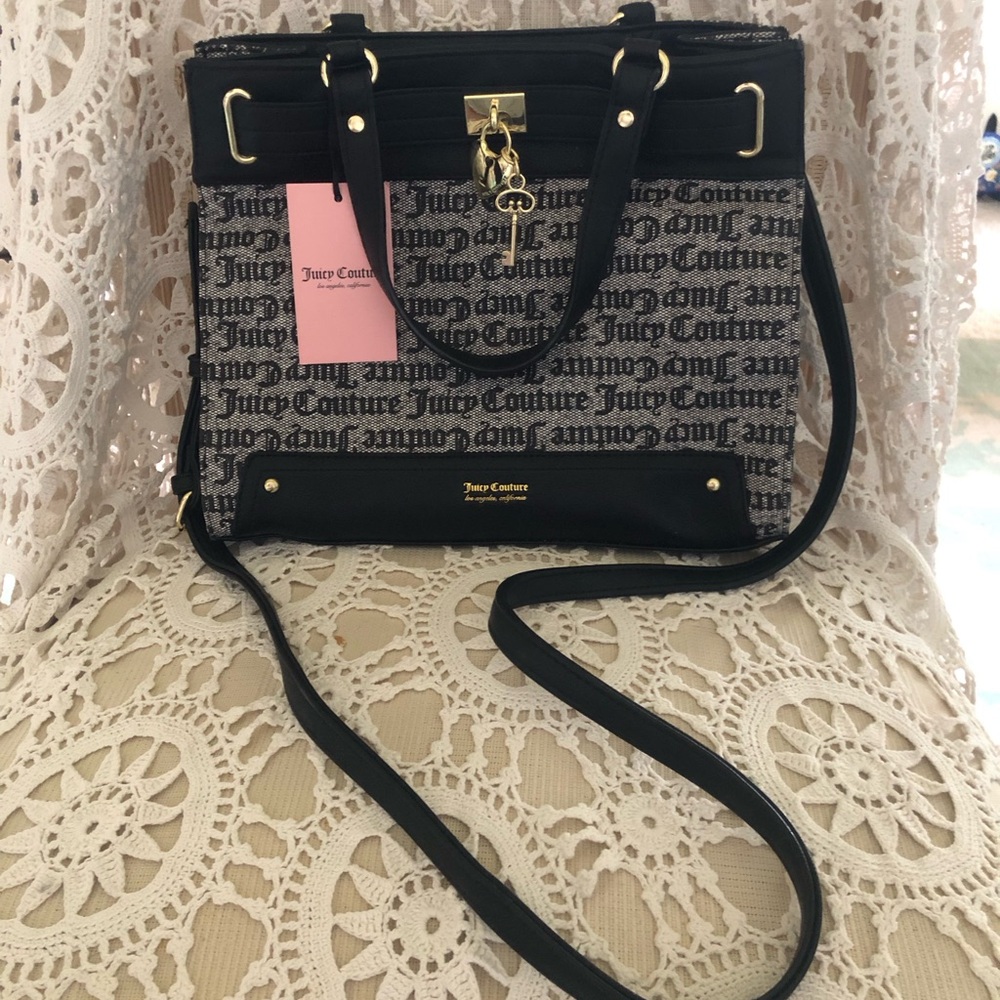 NWT Juicy Couture Black and Beige Logo Satchel with Gold Accents